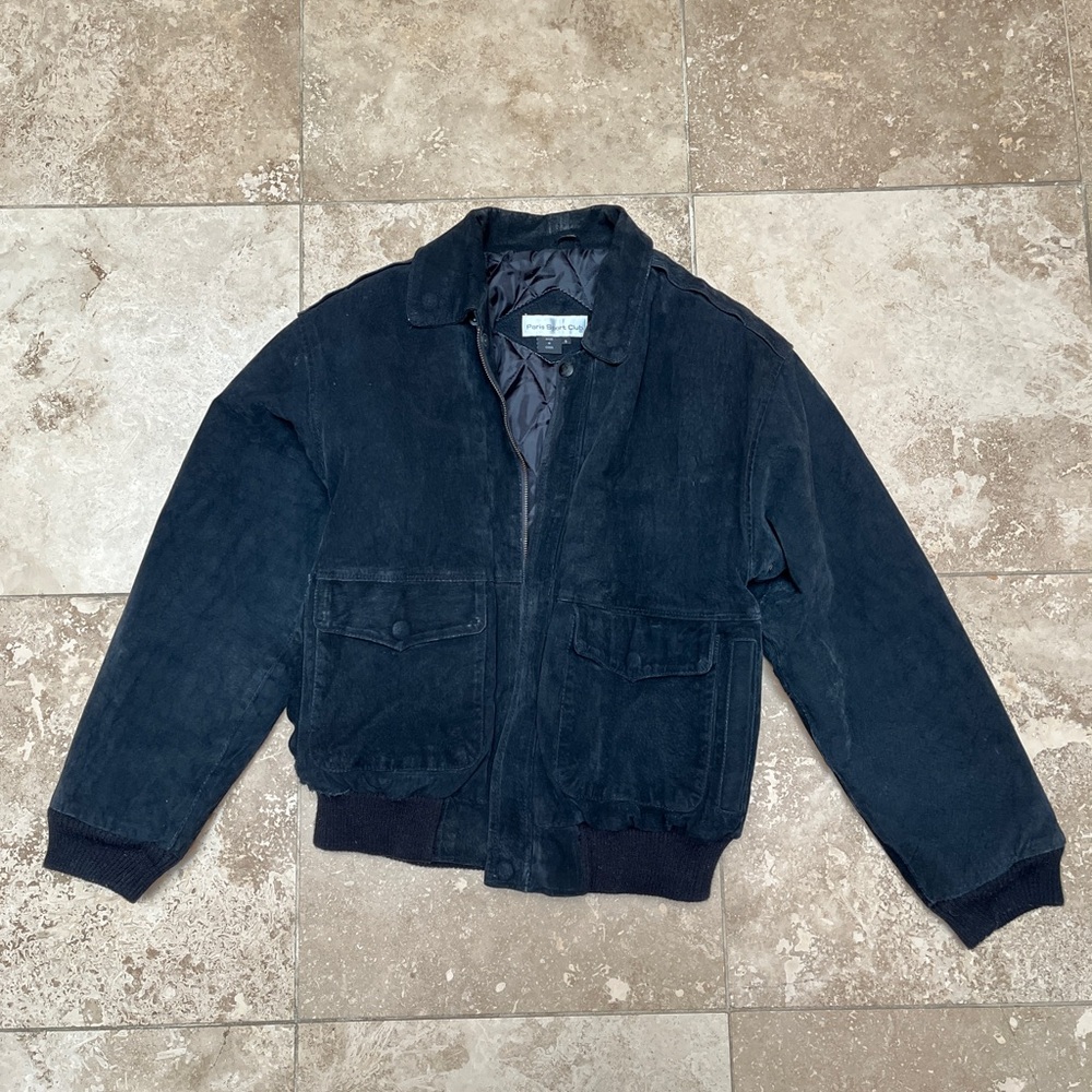 Vintage Paris Sports Club Suede Black Leather Bomber Jacket, Men’s S / Women’s M